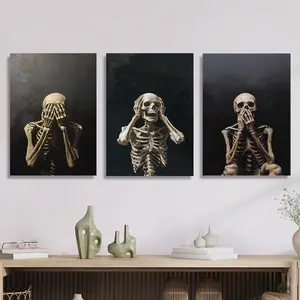 3pcs Modern Gothic Skull Wall Art - Pine  Canvas Paintings, Macabre Horizontal Panel (Vertical Suitable for home Office &) - /Outdoor Horror Decor Ink Art Prints