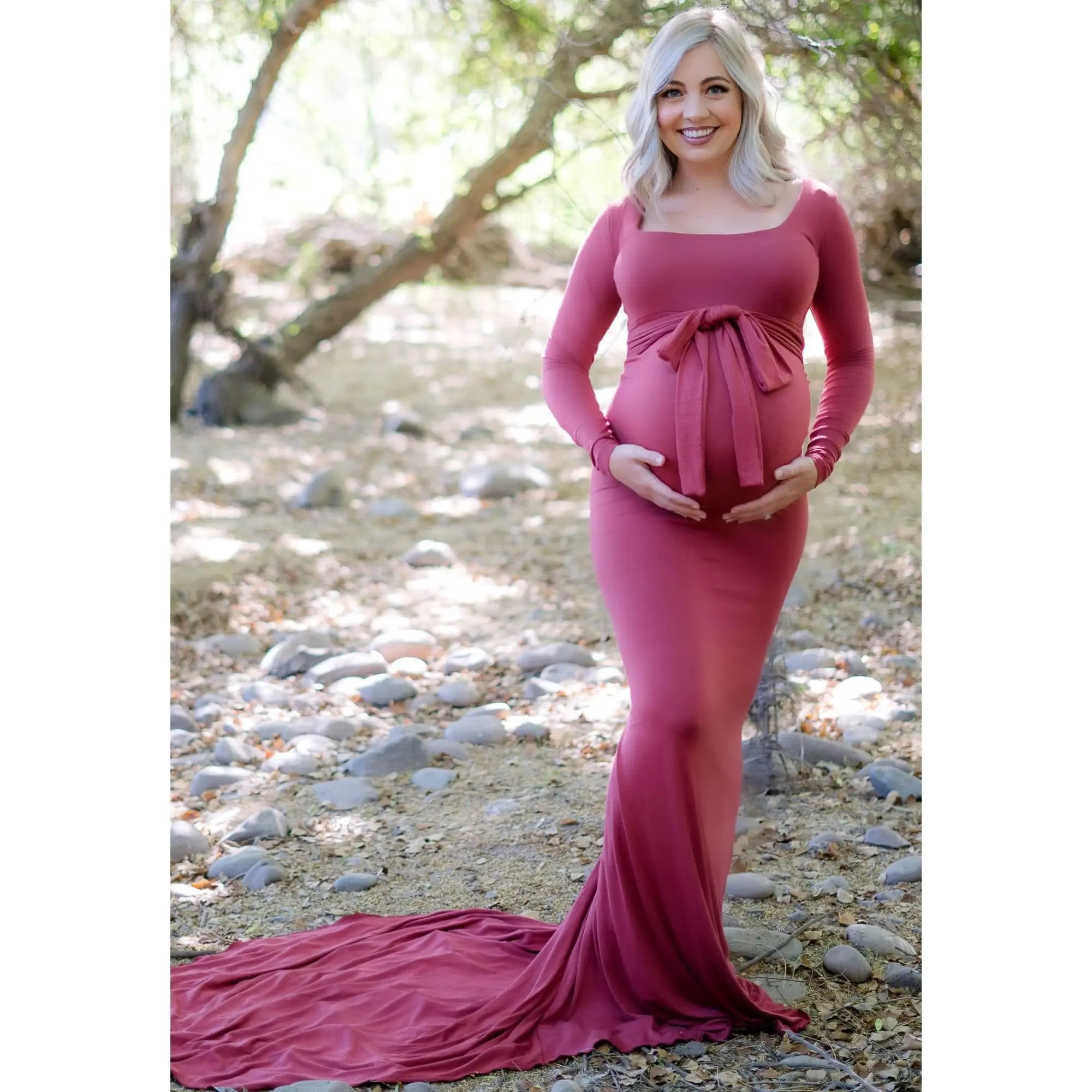 Long Sleeve Tie Front Maternity Gown with Train