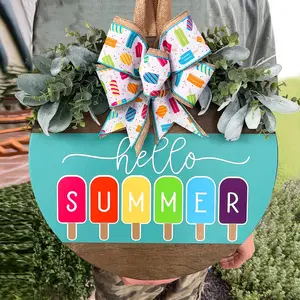 2026 Summer Porch Decor, Hello Summer Door Hanger, Wooden Front Door Decor, Colorful Popsicle Welcome Sign with Bow, Farmhouse Summer Porch Hanging Decoration