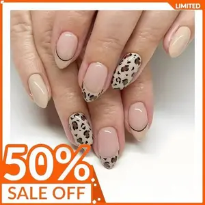 24Pcs Cute Press on Nails French Tip Fake Nails Medium Almond False Nails with Leopard Print Design Light Color Acrylic Nails Glossy Valentine's Day Holiday Stick on Nails for Women Girls