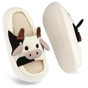 Cute Animal Slippers Cow Breathable Open Toe Linen Home Shoes Cozy Soft Non-Slip Thick Sole Comfortable Indoor Footwear