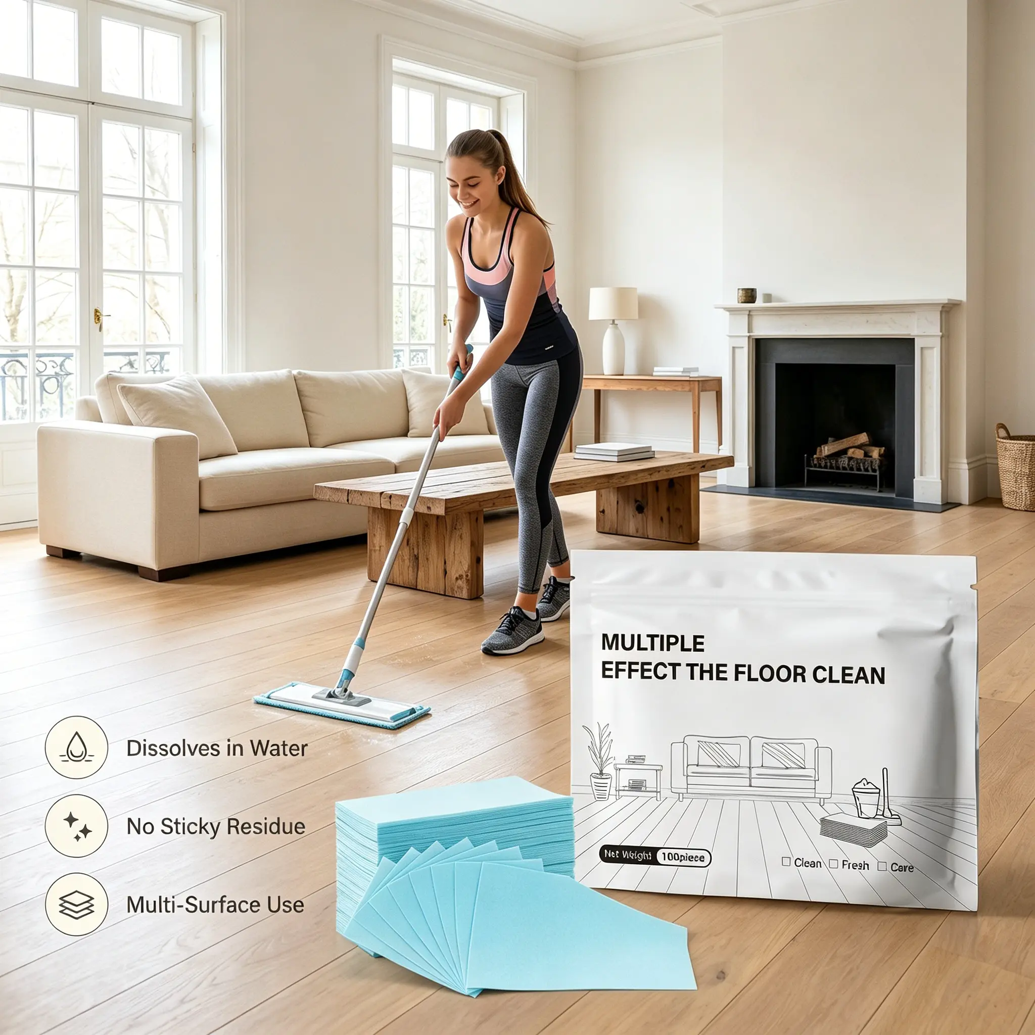 Antibacterial Floor Cleaning Sheets - Multi-Surface Cleaner for Hardwood, Laminate, Tile Floors with Deodorization (Indoor Recreation Use)