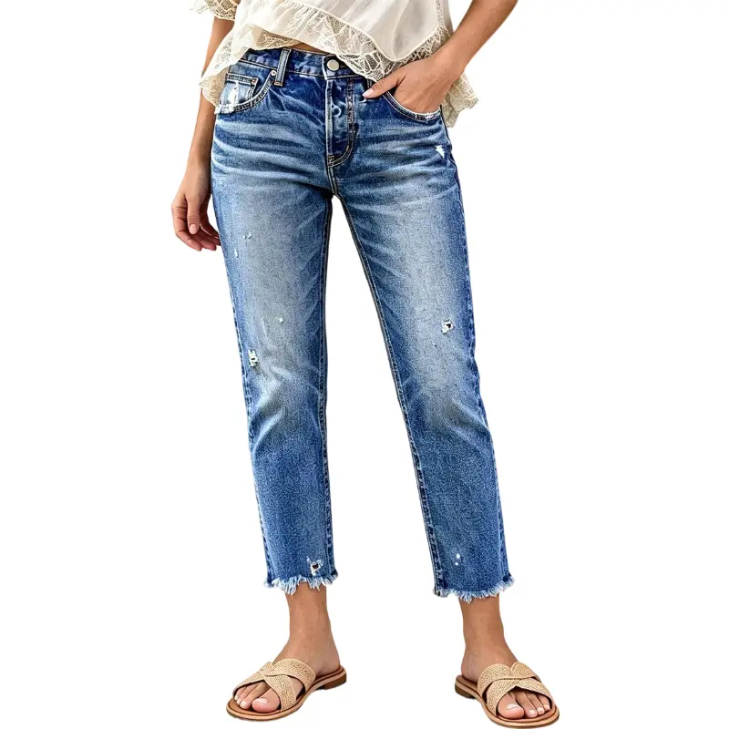 Flamingals Wash Raw Hem Ripped Mid Rise Straight Leg Crop Jeans Stretchy 25.2'' Inseam