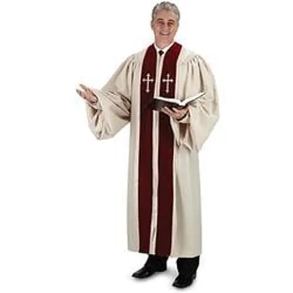 Clergy Pulpit Robe in 2-Tone Ivory & Burgundy with Velvet Panels and Embroidered Crosses, Long Sleeve for Church Services, Dry Clean - 57 in., 2.5 X 5 Ft, Cuffed Sleeves, Polyester/Velvet, Embroidered Ivory Crosses, Full Front Zipper
