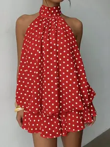 Y2K Vintage Sweet Spicy Women's Spring Summer Polka Dot Halter Two-Piece Set, High Neck Top & Layered Ruffle Skirt, Casual Style, Breathable Fabric
