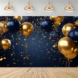 2D Flat, Elegant Navy Blue & Golden Balloon Backdrop with Glitter Confetti & Heart Print - Golden & Navy Blue Balloon Arch/Wall Decorations for Weddings, Birthdays, Showers - Luxury Party Background for Photo Booth, Tabletop, Indoor/Outdoor