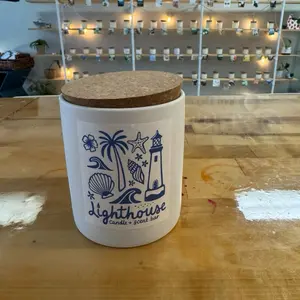 Lighthouse Candle + Scent Bar White Ceramic 12oz Candle with Wax Sea Shell Toppers & Cork Lid
