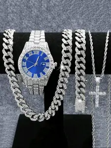 Men's 4PCS Luxury Jewelry Set Watch Chain Bracelet and Cross Pendant