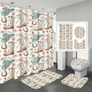 Boho Western Cowboy Shower Curtain Set, Watercolor Cowgirl Boots Hat Floral Design, Waterproof Fabric, Wall Mounted, Modern Style