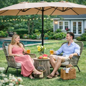 【Value Pick】Costoffs Triple-Size Double-Sided 13FT Patio Umbrella with Base, Extra-Large Outdoor Market Parasol Featuring Smooth Crank Lift, 12 Durable Ribs & Air Vent Design, No Light