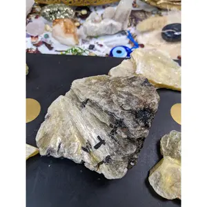 Muscovite Golden Mica w/ Black Tourmaline Cluster Large Chunk Book Natural Mineral Specimen Healing Crystal Display Piece Gold Mica