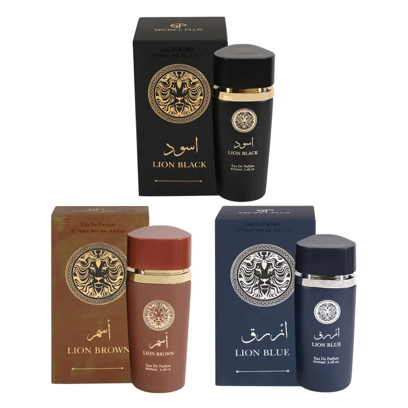 Bundle of Secret Plus Lion Black and Lion Brown and Lion Blue Spray Perfume Eau de Parfum for Men - 100ml/3.4fl.oz. - Men's Fragrance by Secret Plus