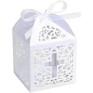 50count Baptism Favor  Boxes, 2.2''x2.2''x2.2''Laser Cut Favor Boxes with 50 Ribbons for Baby Shower Favors Baptism Decorations First Birthday Party (White)