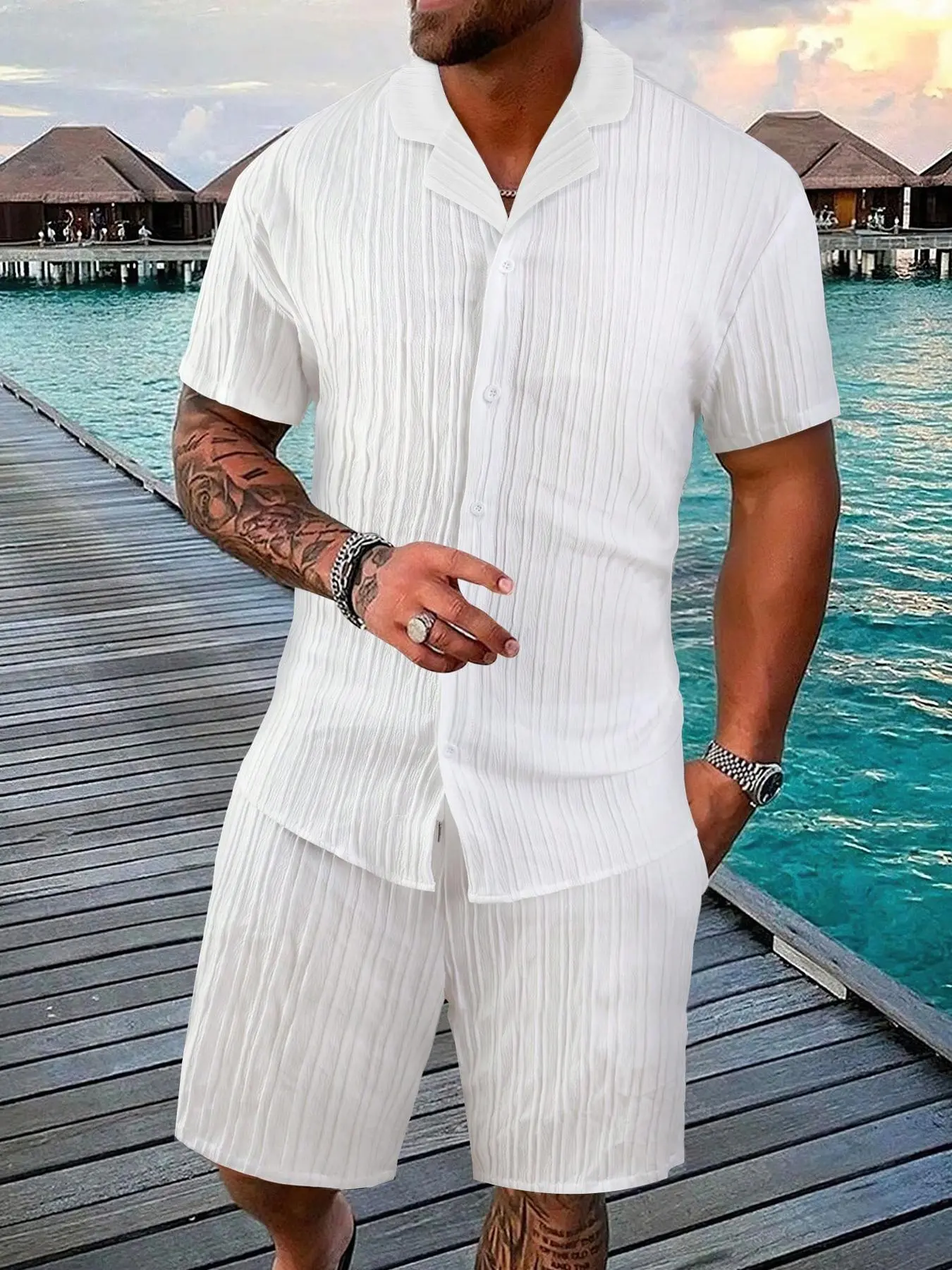 Men's Solid Color Loungewear Set, Casual Comfy Short-Sleeve Top & Drawstring Waist Shorts, Summer Sleepwear, Pajama Set, Soft Lounge Set, Home Loungewear