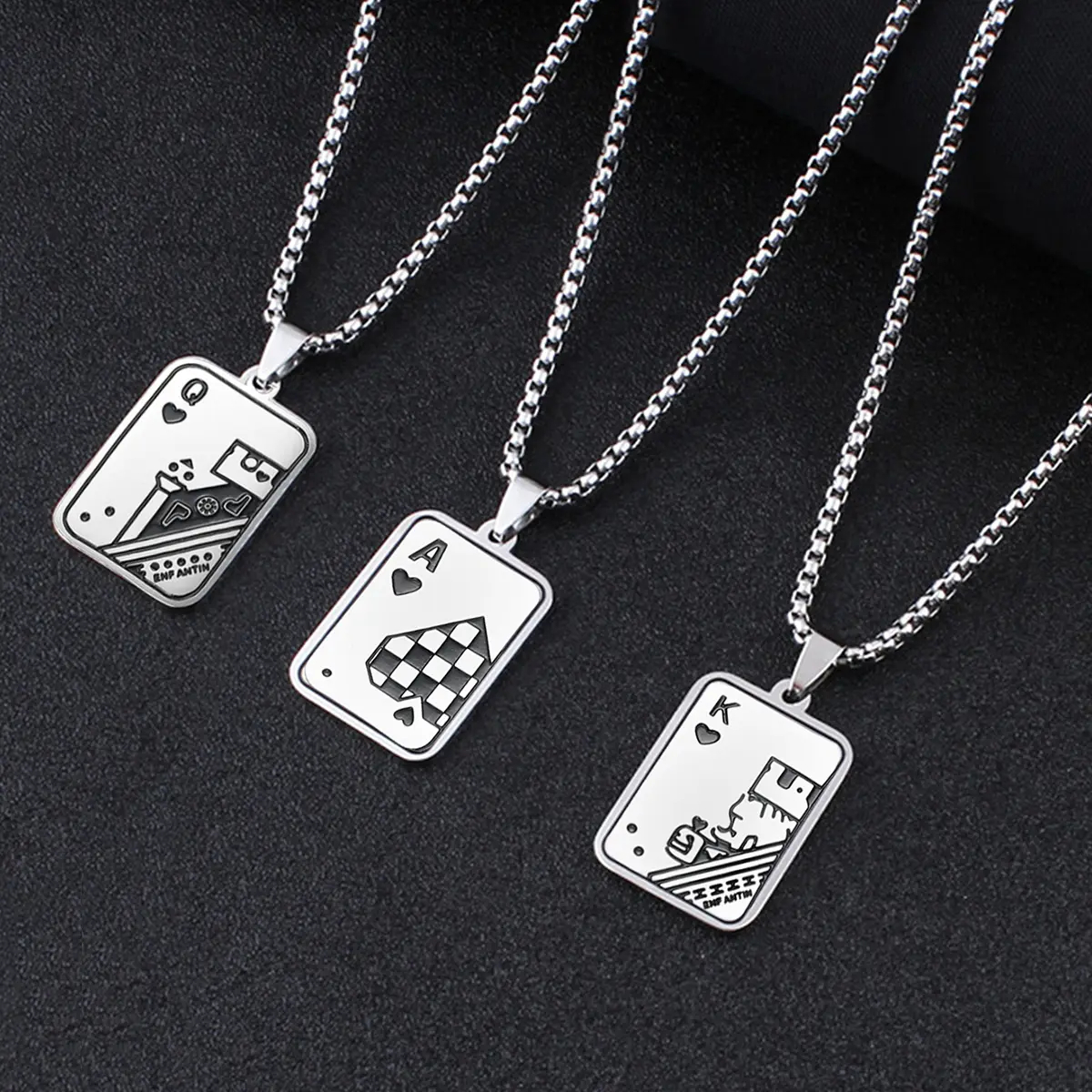 Stainless Steel Chain Necklace with Ace 'A' Playing Card Pendant, Unisex Hip-Hop Style Jewelry with Square Bead Accents, Solid, Chain & Link, Casual
