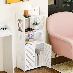 Bathroom Storage Cabinet, Freestanding Bathroom Cabinet with Open Storage, Kitchen Pantry Cabinet with Doors, Bathroom Floor Cabinet with Door & Shelves (White)