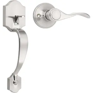 Satin Nickel Heavy Duty Front Entry Handleset, Passage Lock Grip Handle with Wave Lever Keyless Door Locks, Interior and Exterior Entrance Door Handle with Reversible Handed Lever,1Pack
