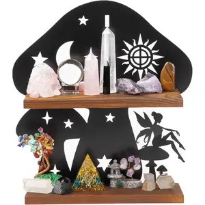 Wooden Mushroom Shelf with Iron Backing - Rustic Wall for Crystals, Oils & Trinkets| Decorative Display Shelf for Witchy Room, Mushroom & Fairy Core| Mushroom Wall Art Gift