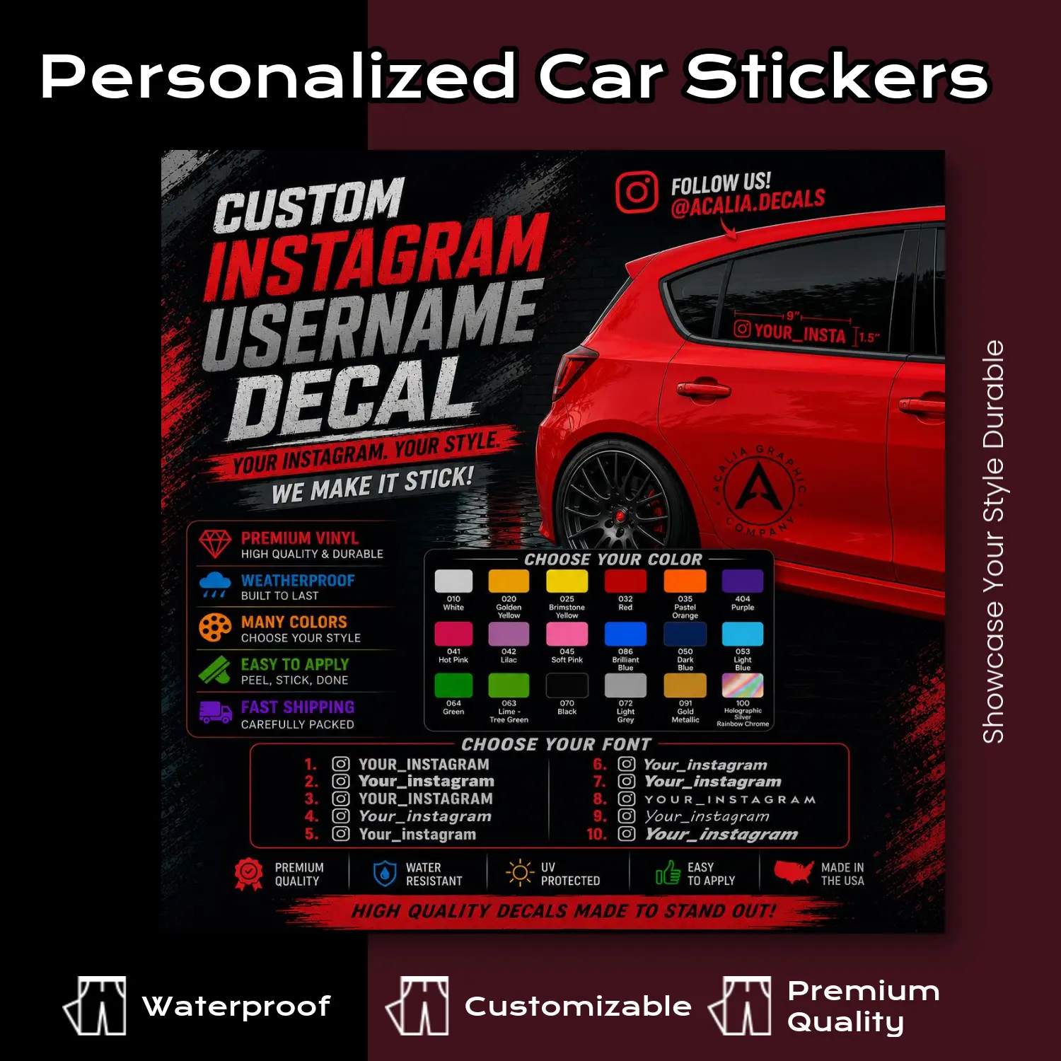 2x Personalized Instagram Sticker Vinyl Decal Customizable IG Username JDM Design for Car Windows Vehicle Exterior Decoration Waterproof Oracal Vinyl 1.5" x 9", Car Accessories