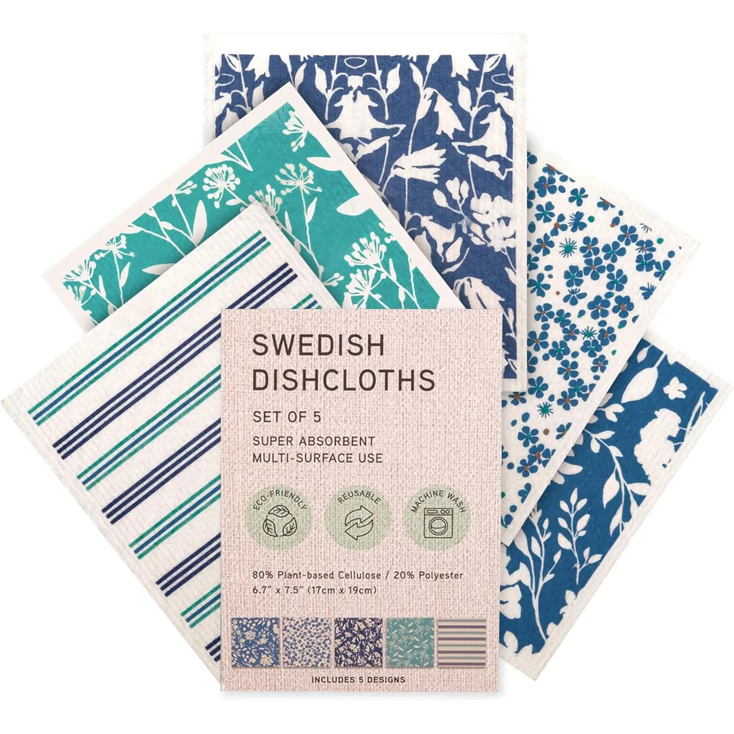 Swedish Dishcloths,  -Based Cellulose, 6.7x7.5 Inch, Super Absorbent, Multi-Surface, Machine Washable, , 5 Pack (Blue-Aqua)
