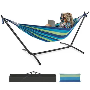 Double Hammock, Space-Saving Attached Carry Bag, Heavy-Duty Steel Frame, 450 Lb. Load Capacity, Easy To Assemble, For Patio, Park, Outdoors