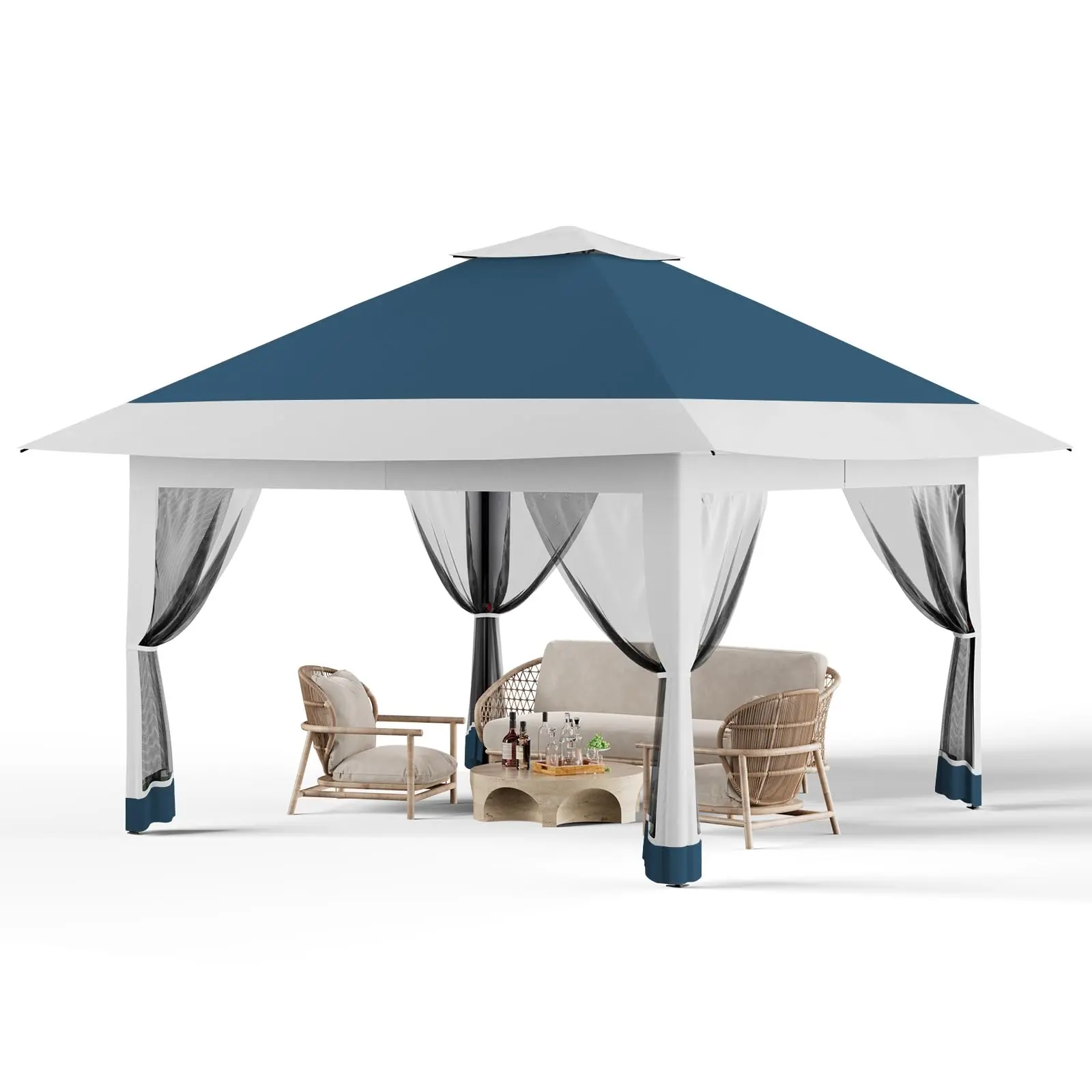 Gaomon 12x12 Foldable Pop Up Gazebo Patio Furniture Set, Sturdy UV-Blocking Sun Protection Outdoor Canopy Tent with Mosquito Netting, 1-Push Button Setup, 4 Sand Bags Included for Backyard Picnic - Navy Blue