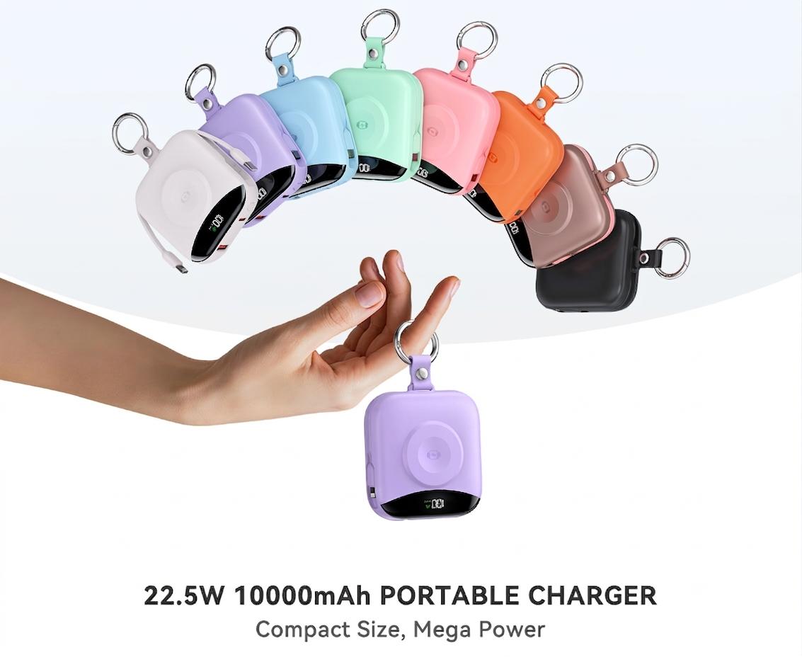 10000mAh Portable Charger Power Bank, 3-in-1 Wireless Battery Pack with Built-in USB-C & Lightning Cables, 22.5W Fast Charging, LED Display for iPhone, Apple Watch & Android Chargeable