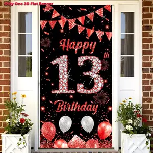 1pc 2D flat banner,Happy Birthday Door Banner Backdrop Boys Girls Red and Black 13th Birthday Decorations Red 13 Years Old Door Background Outdoor Indoor Party Supplies Photo Props Booth Decor