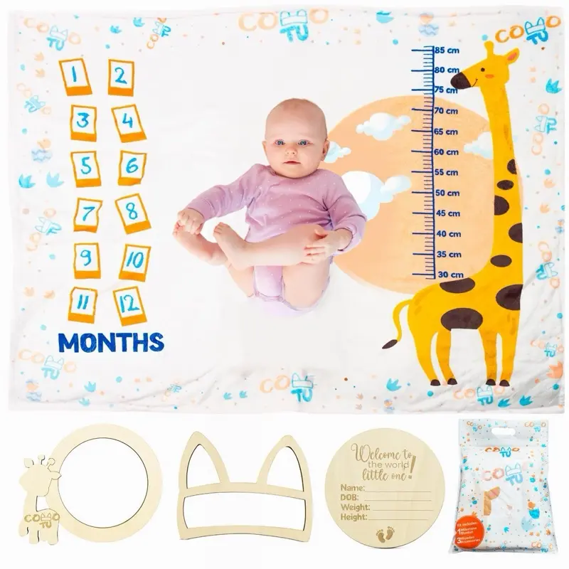 ComoTu Baby Milestone Blanket for Boy and Girl - Ultra Soft Flannel & Minky with Built-In Tape Measure - 50x40 Photo Prop - Newborn Gift - CPC Certified & Gender-Neutral