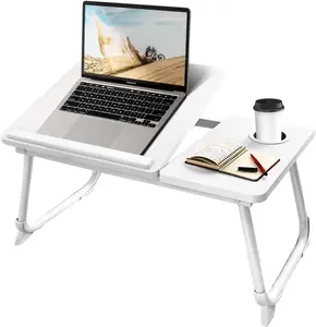 "Portable Bed Table & Foldable Lap Desk with Cup Holder – Adjustable Laptop Desk for Home Office Setup, Couch Workstation, Laptops, Writing, Studying, Reading, Breakfast in Bed, Sofa Tray Table"