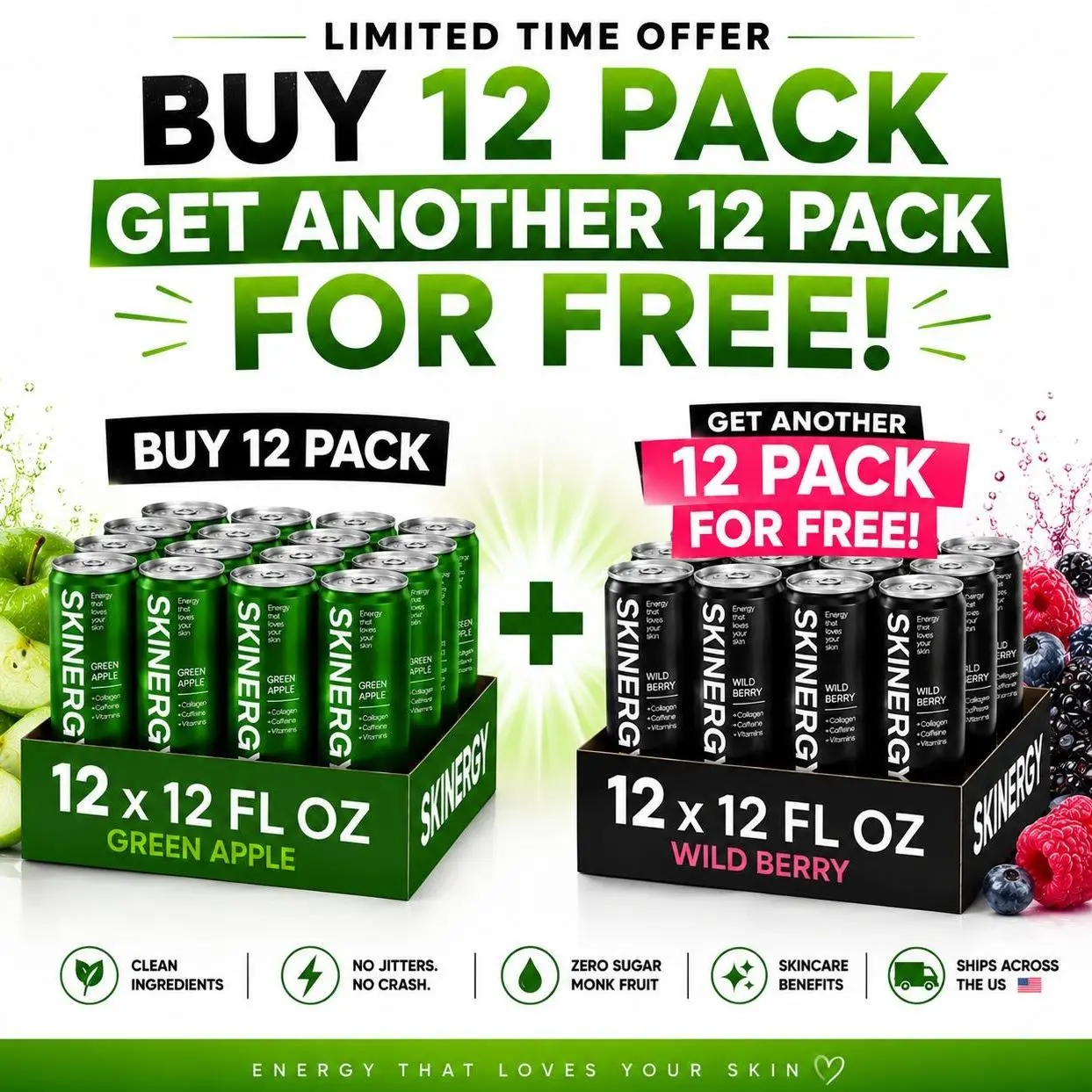 Skinergy Collagen Energy Drink | Zero Sugar | Green Apple & Wild Berry Flavors | 4, 12, 24 & 48 Pack Options