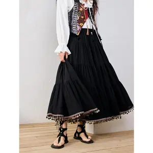 URBAN REVIVO 2026 Spring New Arrival Women's Stretchy Fitted Boho A-Line Mid-Length Skirt with Patchwork Trim, Thin Cotton-Polyester Shell Fabric Bottoms, UYL550110