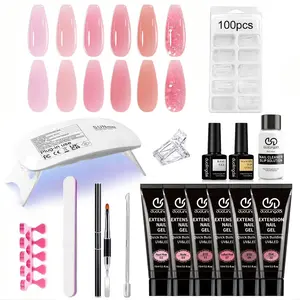 Dld 6 Color Jelly Gel Nail Extension Kit, Mini UV Lamp, DIY Manicure Tool Set, Transparent, Peach Nude, Fine Flash Builder Gel, 100 Nails