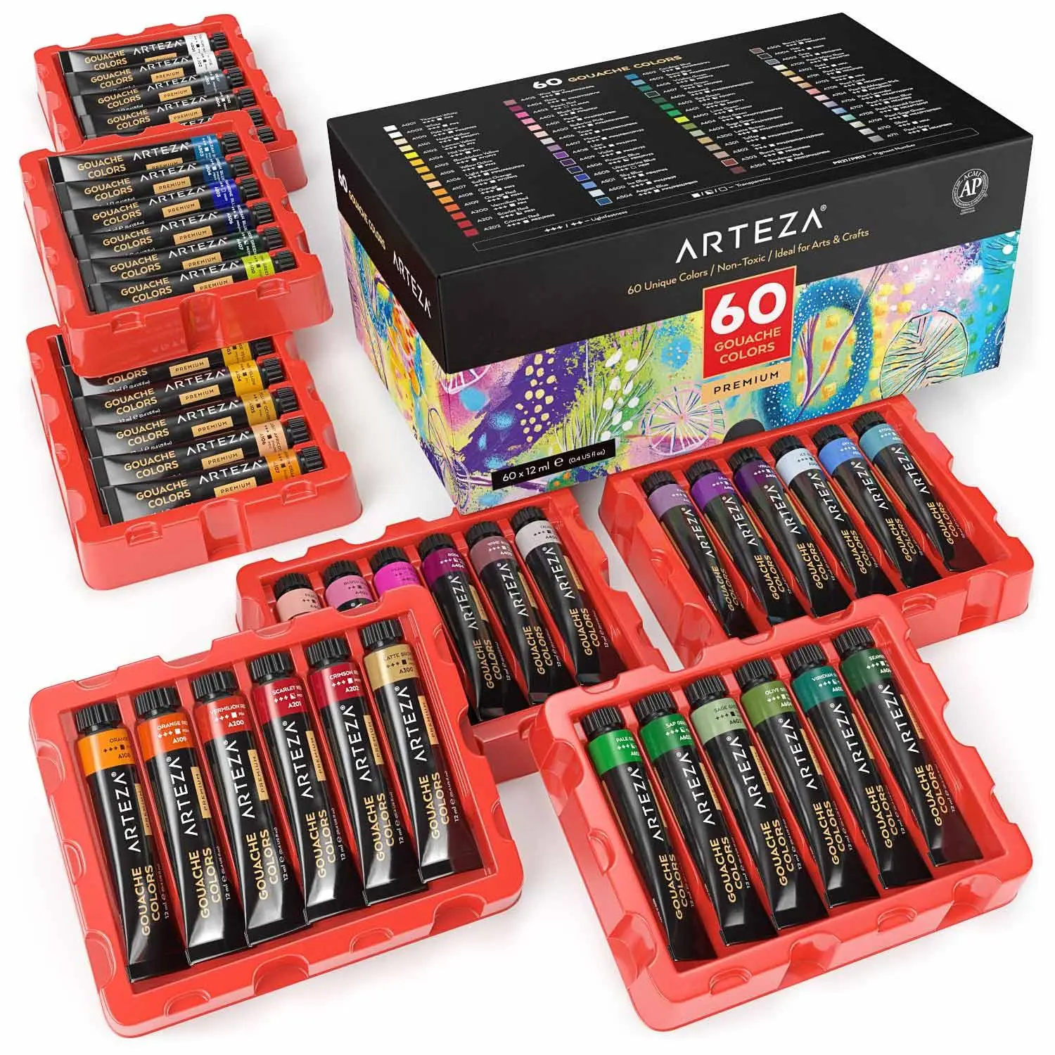 Arteza Gouache Paints Hand Painting Set - 60-Piece Water-Based DIY Painting Supplies, Bold Colors, Opaque Pigment, Velvet Look, Blends Beautifully, for All Ages, ARTZ-8564