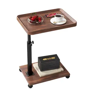 GARVEE Height Adjustable C-Shaped Side Table, 360° Rotatable Side Table with Wheels, Living Room Table, Modern Small Coffee Table for Bed/Bathtub, Black-Walnut