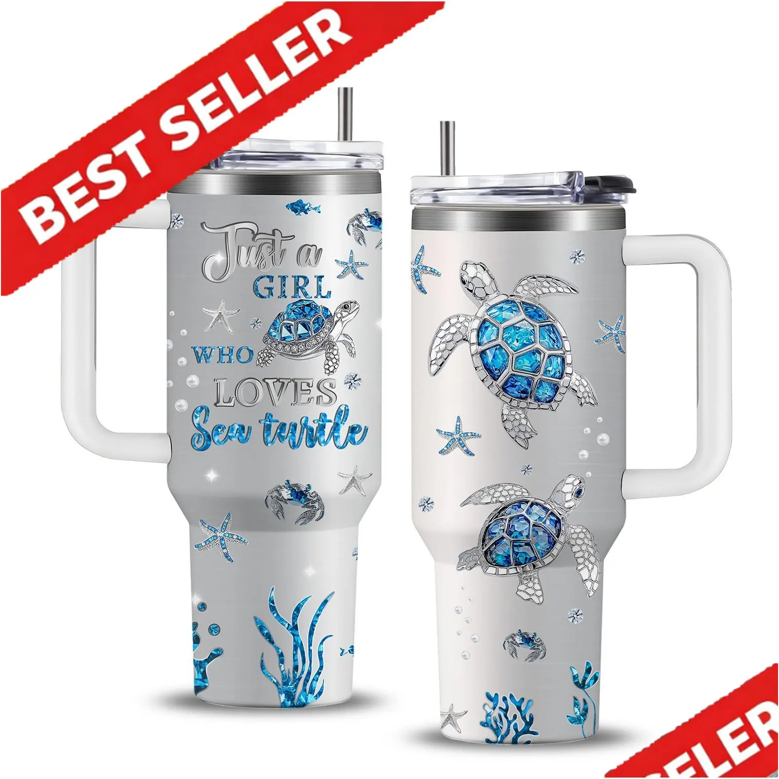 40oz Insulated Stainless Steel Sea Turtle Tumbler Bottle - Leak-Proof Vacuum Water Bottle, Casual Aesthetic Marine Design, Handle, Straw - Ideal "Save the Turtles" Gift for Ocean Lovers