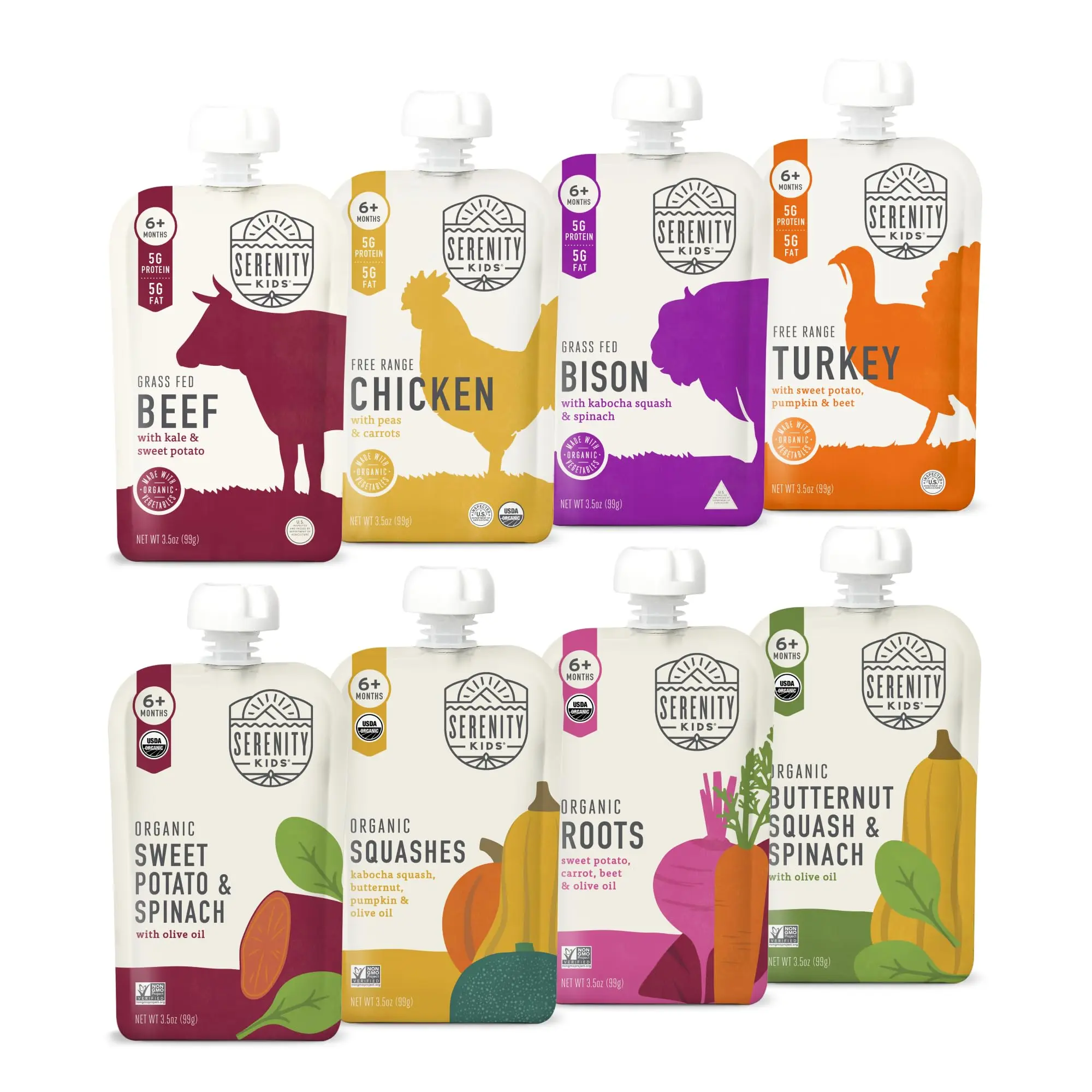 Organic Baby Food Pouches Variety Pack, 8 Count Nutrient Rich Puree with Vegetables and Protein, Ready to Serve, 3.5 oz Pouches