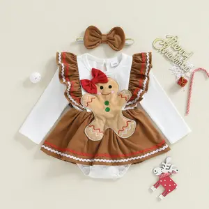 Infant Baby Girl Christmas Outfit Gingerbread Man Embroidery Long Sleeve Romper Dress Bow Headband Set 0-18 Months