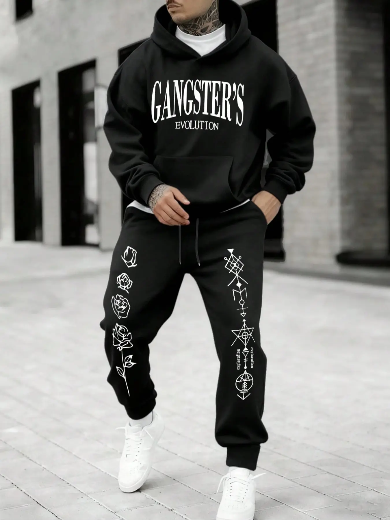 Men's Plus Size Gang Evolution Series Hoodie and Sweatpants Set, Loose Street Style Sportswear, Comfortable Casual