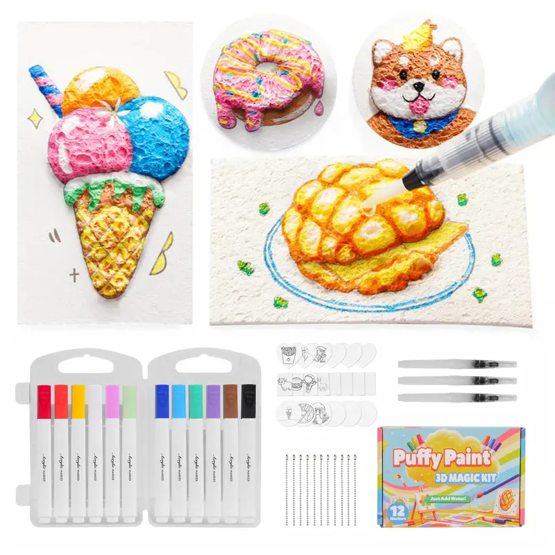 PlayfulCanvas Co. Magic Foam Texture Painting Kit 46 Pcs with 20 Foam Texture Papers & 12 Colors Acrylic Paint Markers for Kids Creative Development