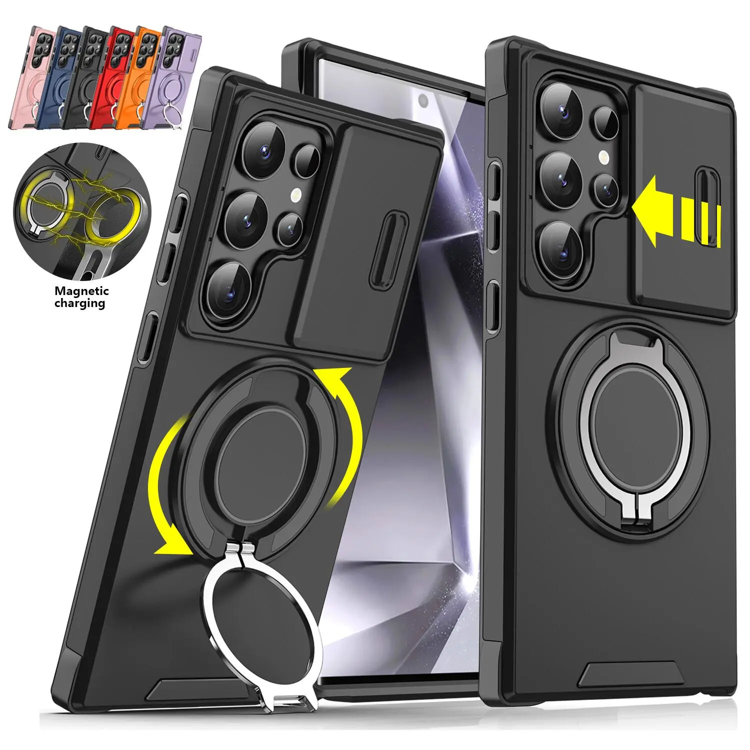 StarTU Magnetic Case for Samsung Galaxy S26 / S25 / S24 / S23 / S22 / S21 – Shockproof Rugged Phone Cover with Slide Camera Lens Protector, 360° Rotating Ring Holder, Anti-Drop Protection