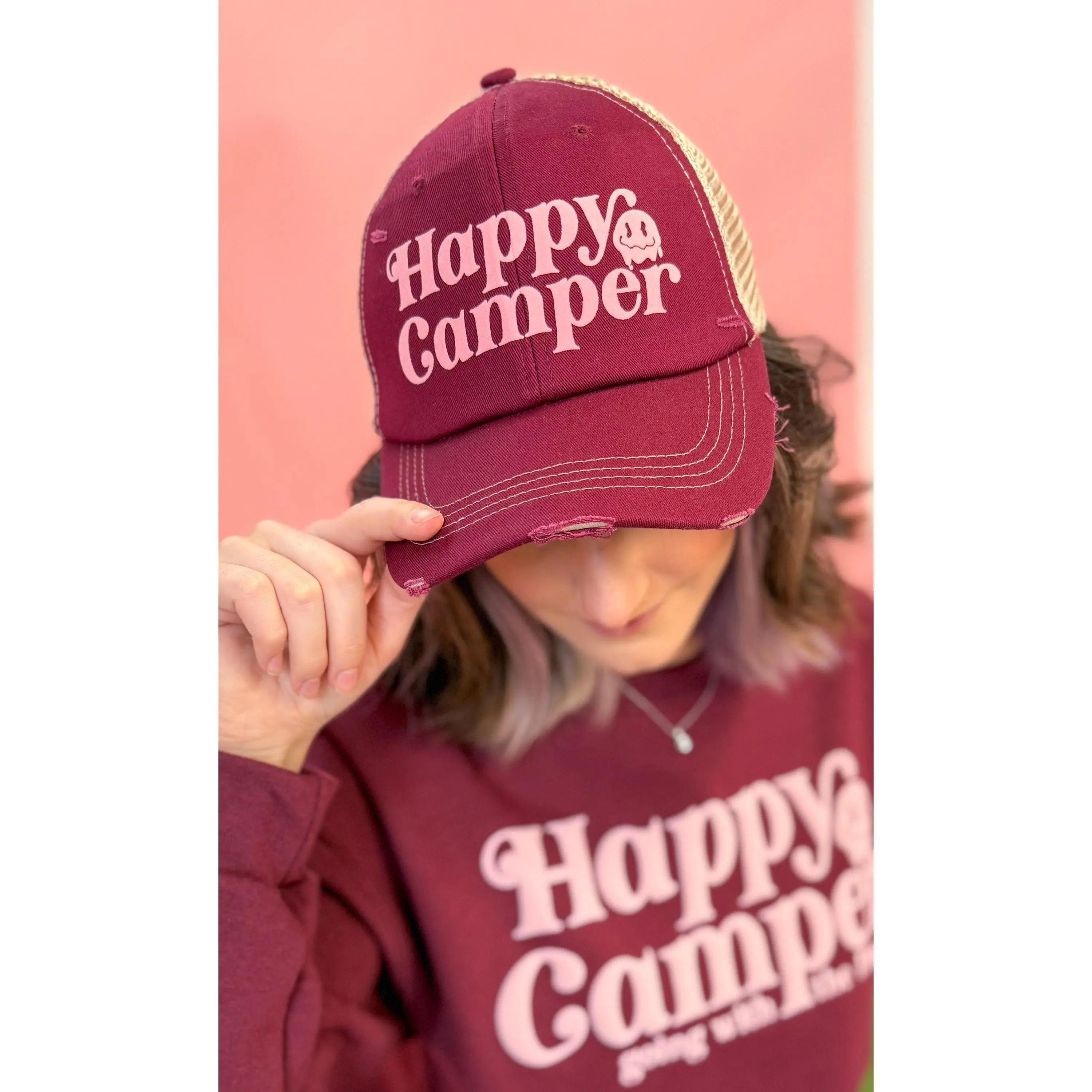 Happy Camper Vintage Embroidered Cap, Retro Maroon Outdoor Hat with Pink Flocked Lettering for Camping & Hiking, Outdoor Hats