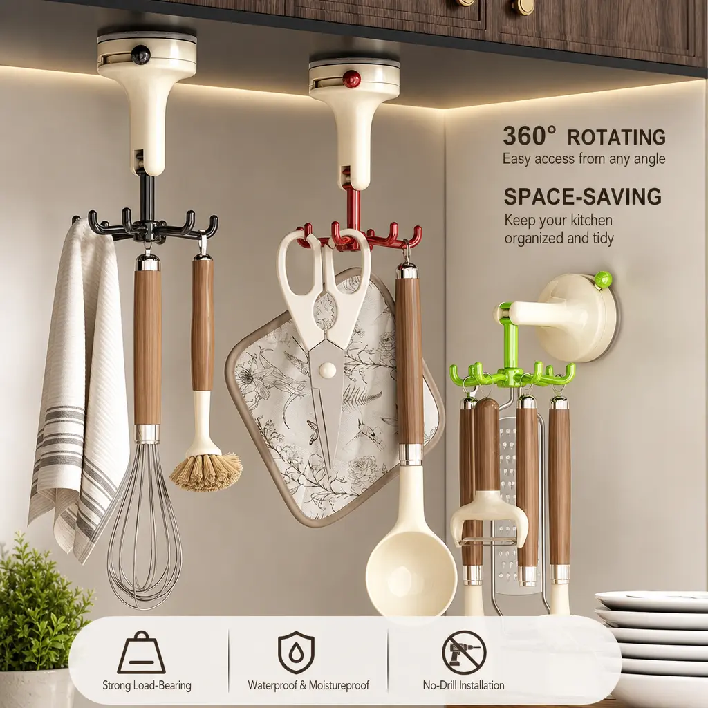 1 Count Suction Cup Rotating Hook, 360 Degree Rotatable Waterproof Reusable Hanger for Kitchen Bathroom Wall and Cabinet Utensil Storage