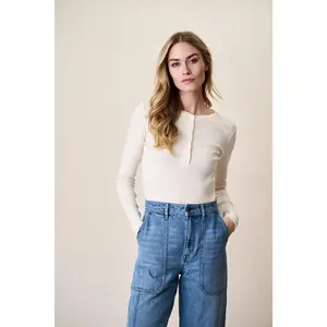 Pointelle Long Sleeve Henley - Ivory