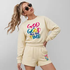 Women’s God Is Good All The Time Graphic Crewneck Short Sleeve Sweatshirt & Shorts Set, Casual Matching Two Piece Outfit With Built-In Drawstring Shorts
