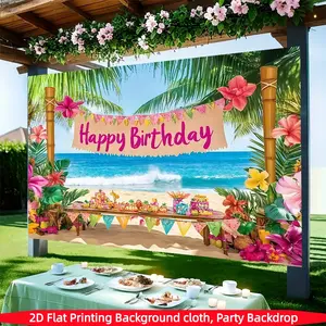 Hawaiian Birthday Party Backdrop Banner, Vibrant Summer Celebration Decor, Palm Trees, Bright Flowers, Beach Scene, Polyester, Indoor Outdoor Use