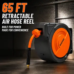 RVCHIC 65FT Retractable Air Hose Reel, Heavy Duty Wall Mounted Auto Rewind Air Compressor Hose Reel with Hybrid Air Hose, 180° Swivel Bracket, No Tangle Slow Retraction for Garage Workshop Automotive DIY Use