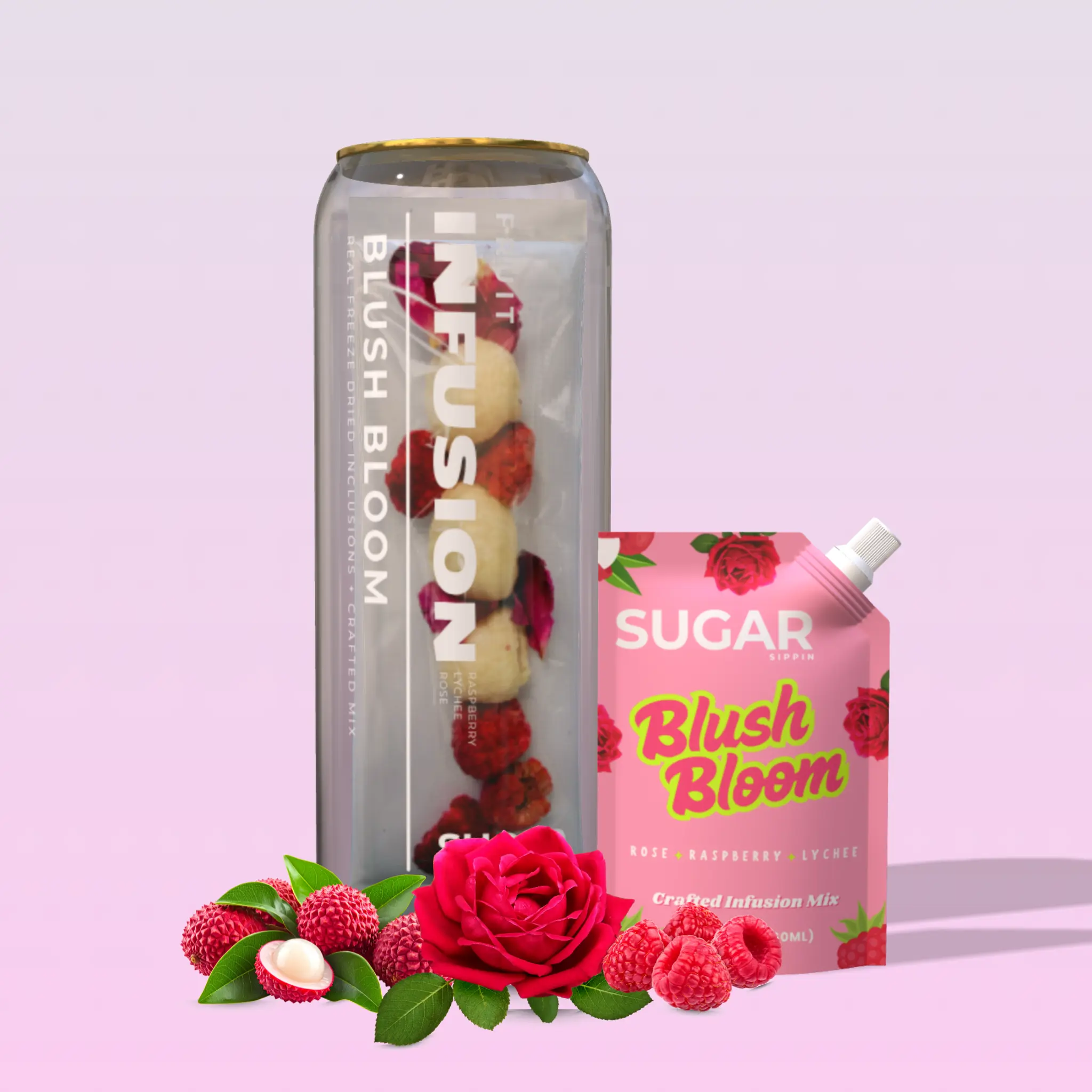 Blush Bloom - Drink Kit with Premium Raspberry + Rose + Lychee Fruit Syrup Mix + Freeze Dried Fruits + Reusable Can (500ml)