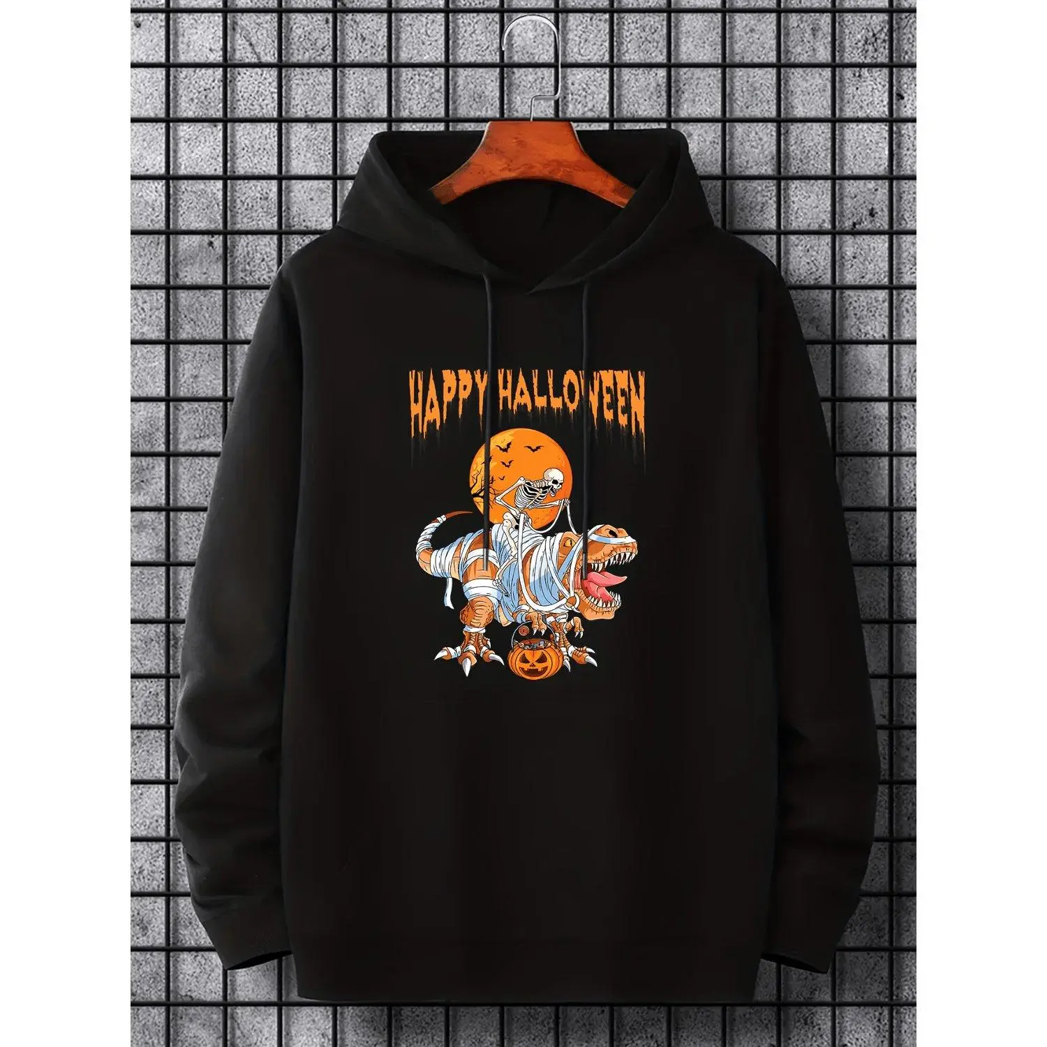 Halloween Inspired Dinosaur Graphic Hoodie Casual Slightly Stretch Drawstring Hooded Sweatshirt Fashionable Trendy Clothing Outerwear
