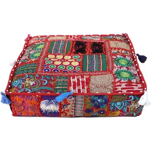 Indian Square Patchwork Traditional Pouf Cover Decorative Embroidered Designer Ottoman Footstool Chair Cover Decor Pillow Cover for Home Living Room 22x22x5 inches Red